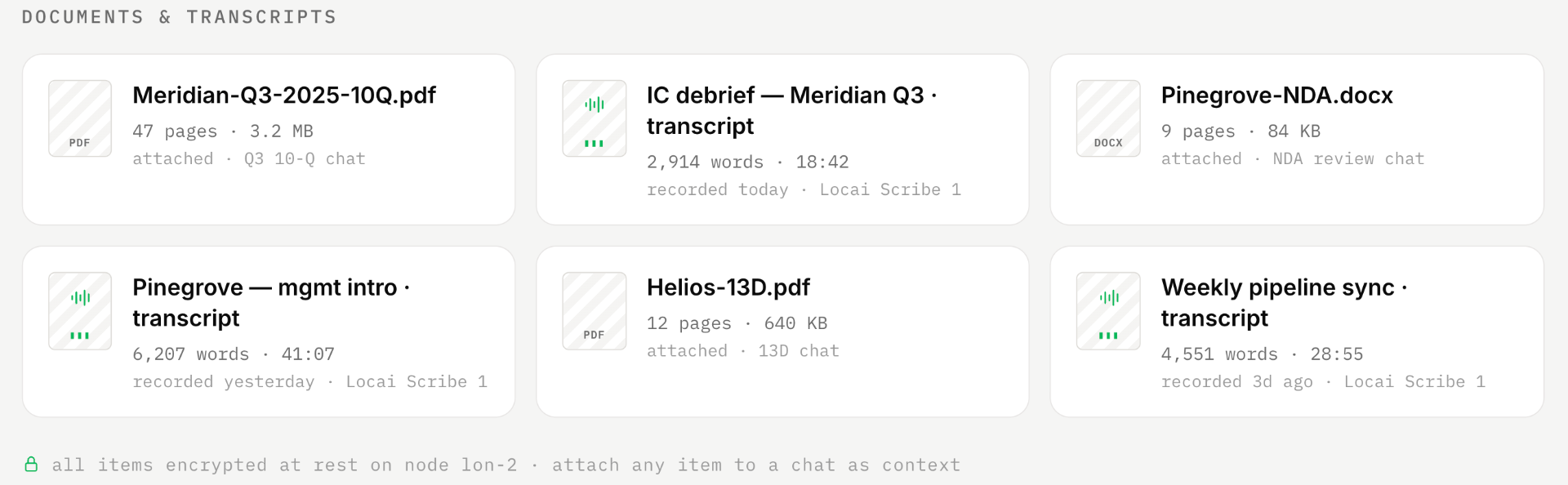 Locai Workspace Library showing documents and transcripts indexed on the user's node.