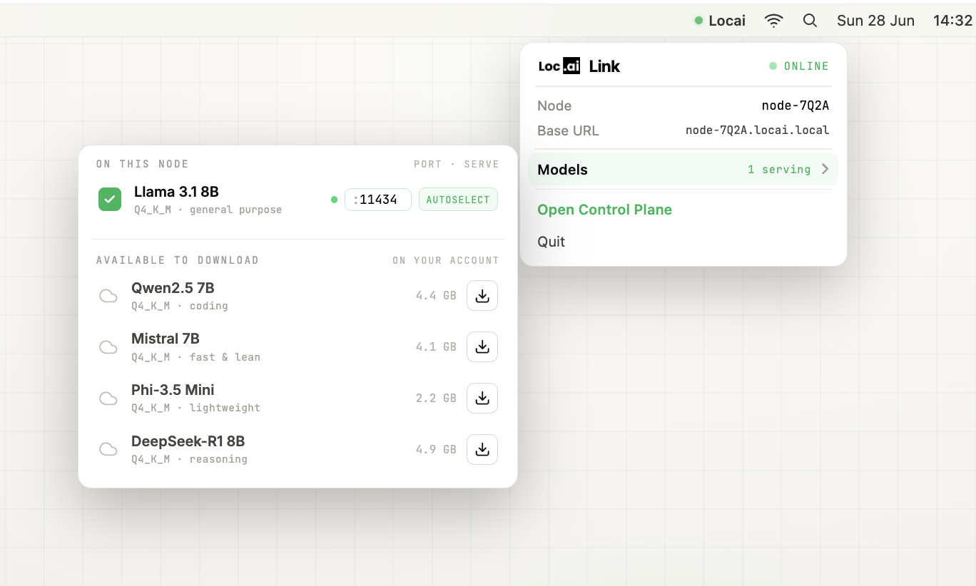 Locai Link menu bar interface showing a local model ready to serve.