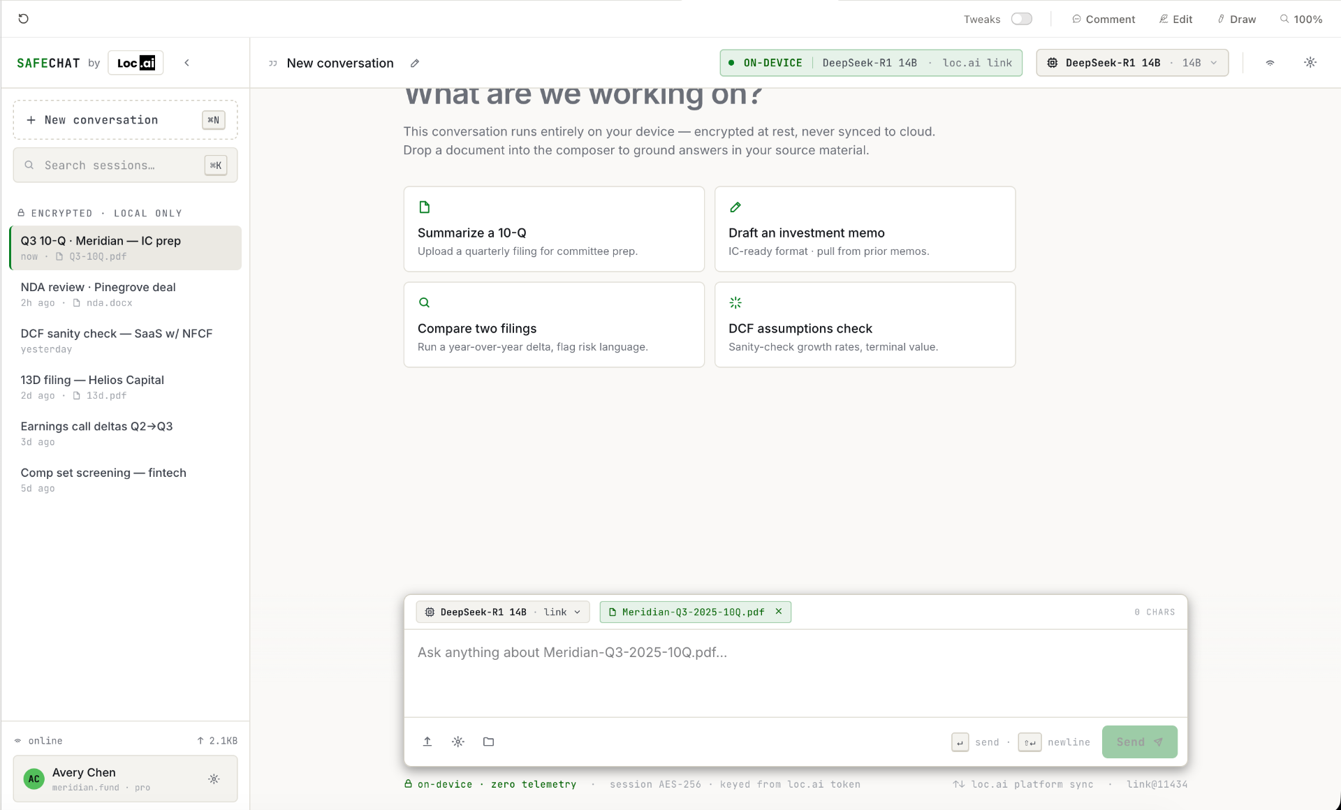 SafeChat on-device AI workspace showing encrypted local sessions and a private chat over a Q3 10-Q filing